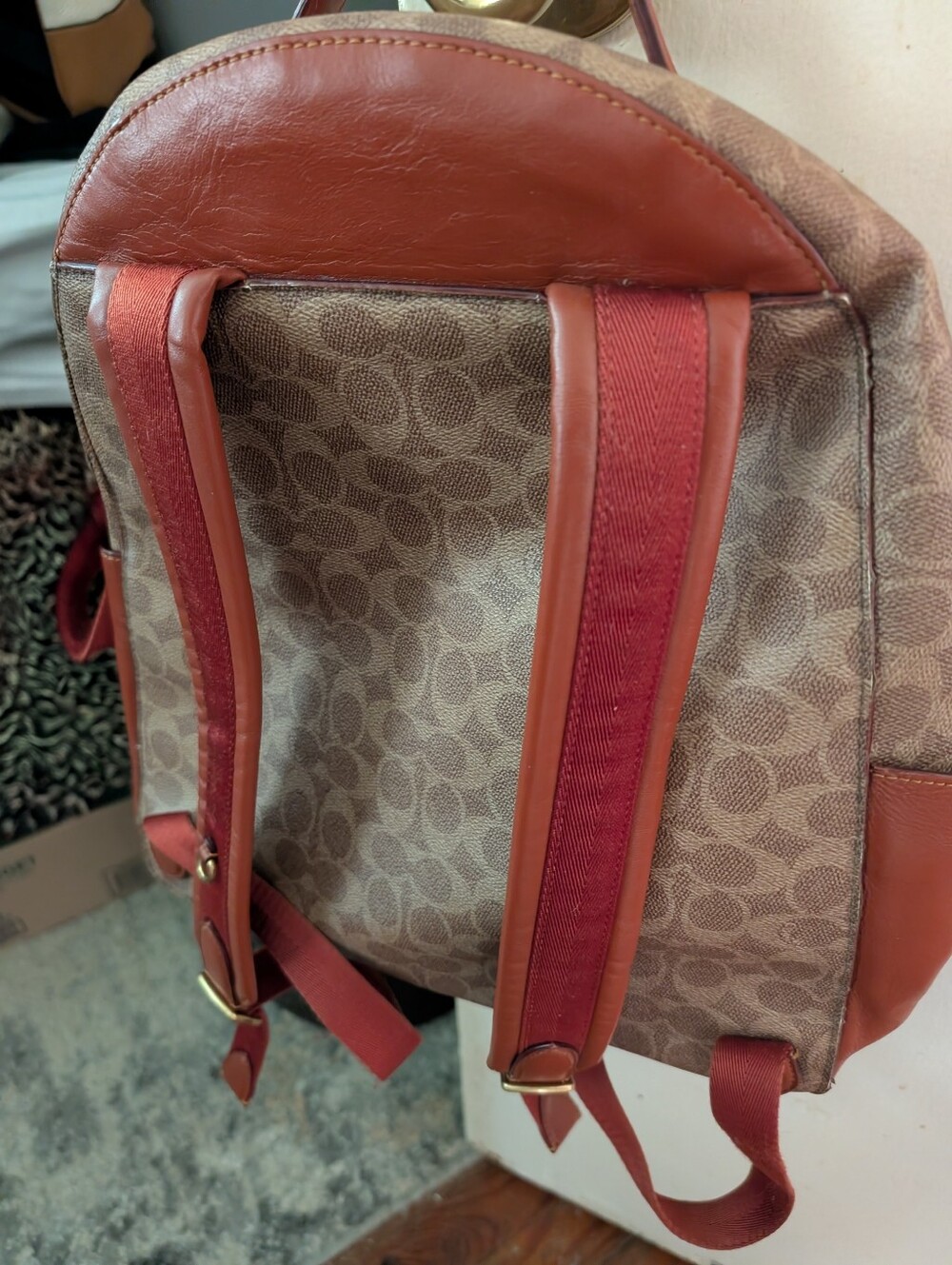 Coach Signature Canvas Backpack in Brown with Red Leather Trim - Picture 6 of 6